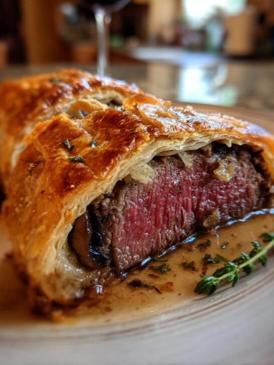 Classic Beef Wellington Wrapped in Puff Pastry with Savory Mushroom Duxelles