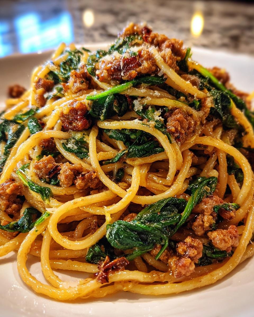 Cheesy Garlic Butter Spaghetti with Italian Sausage and Spinach - detail 1