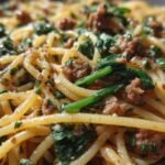 Cheesy Garlic Butter Spaghetti with Italian Sausage and Spinach