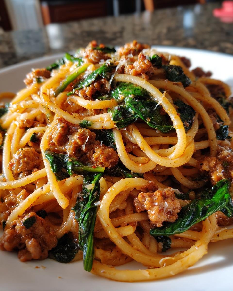 Cheesy Garlic Butter Spaghetti with Italian Sausage and Spinach - detail 2