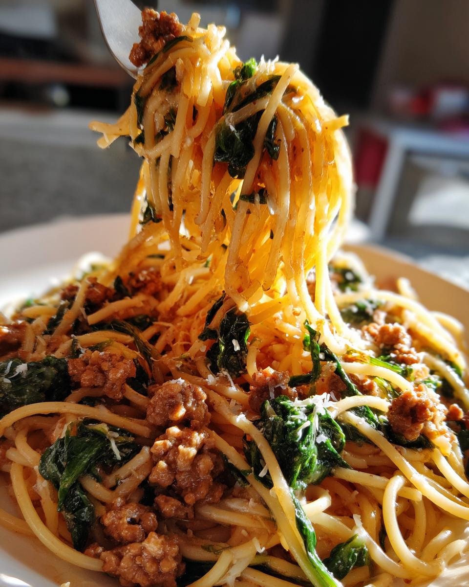 Cheesy Garlic Butter Spaghetti with Italian Sausage and Spinach - detail 3