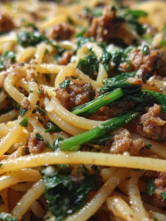 Cheesy Garlic Butter Spaghetti with Italian Sausage and Spinach