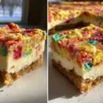 Fruity Pebbles Cookie Cheesecake Bars