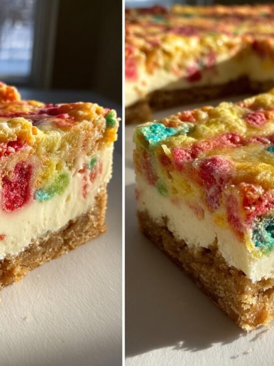 Fruity Pebbles Cookie Cheesecake Bars