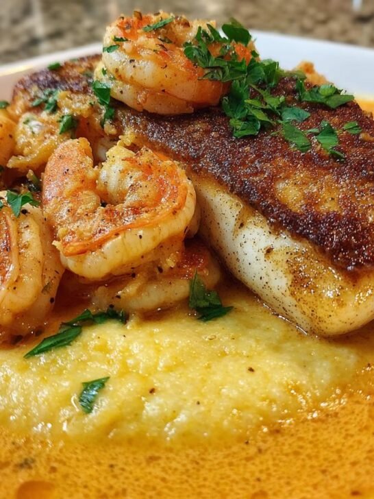 Red Snapper, Shrimp & Grits with Cajun Cream Sauce