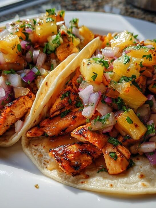 Teriyaki Chicken Tacos with Grilled Pineapple Pear Salsa
