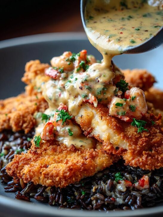 Fried Catfish with Dirty Rice and Cajun Crawfish Cream Sauce