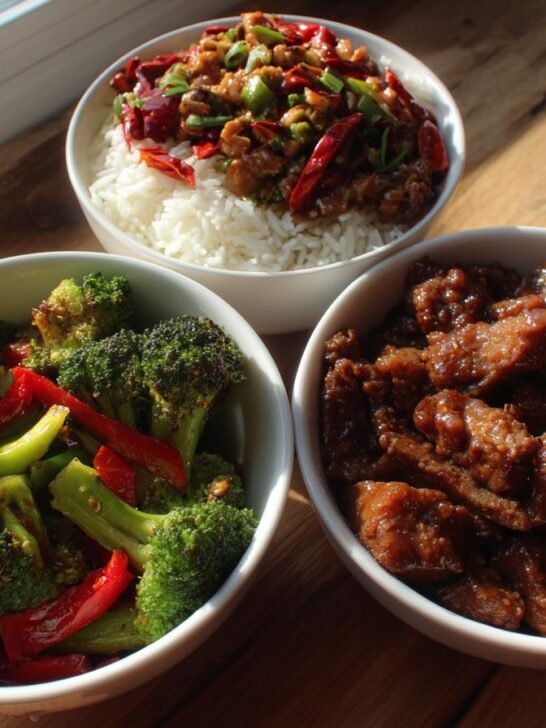 Homemade Takeout Trio: Kung Pao Chicken, Beef and Broccoli, and Bourbon Chicken