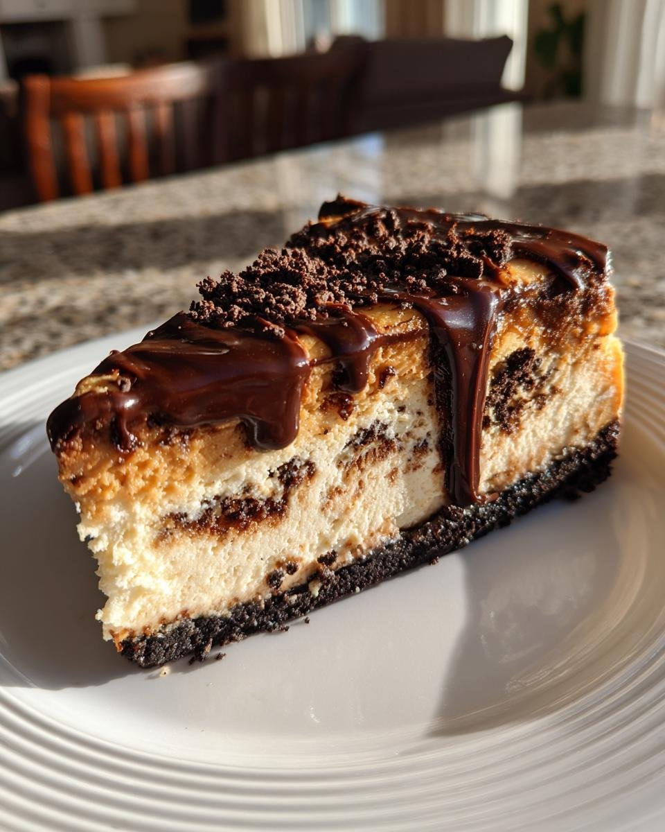 Peanut Butter Cheesecake with Oreo Crust and Chocolate Ganache - detail 2
