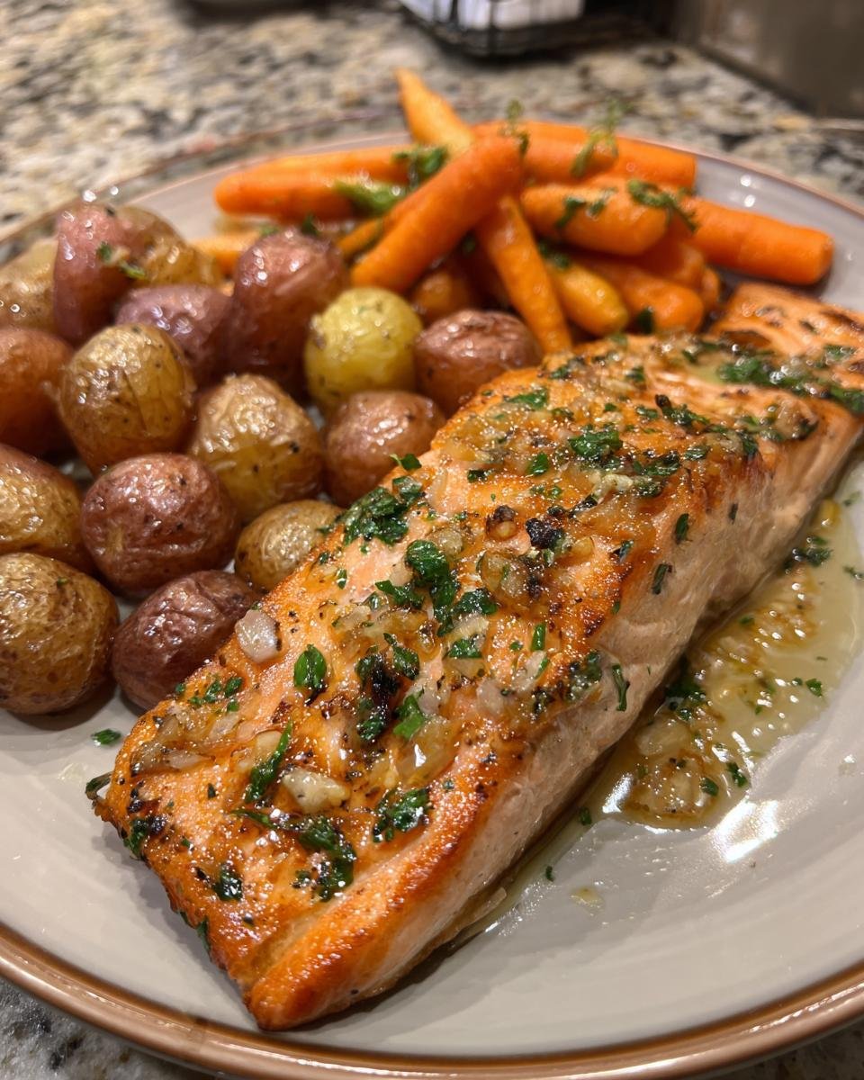 Garlic Butter Salmon with Roasted Potatoes and Glazed Carrots - detail 1