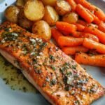 Garlic Butter Salmon with Roasted Potatoes and Glazed Carrots