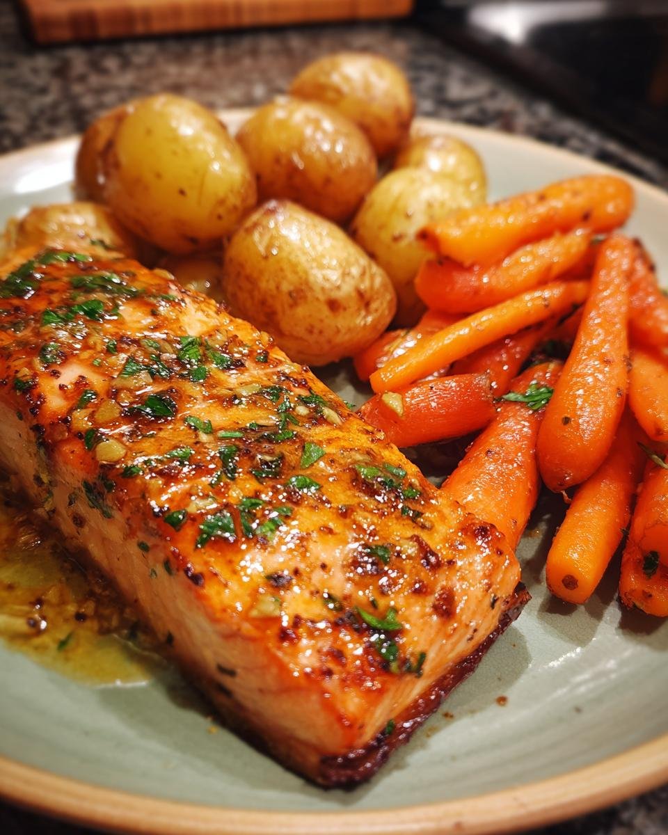 Garlic Butter Salmon with Roasted Potatoes and Glazed Carrots - detail 2