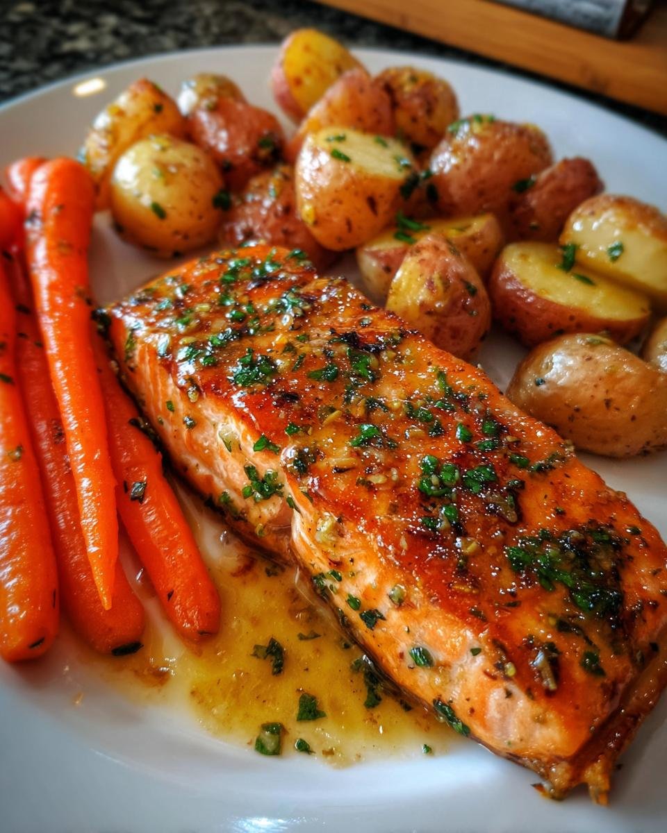 Garlic Butter Salmon with Roasted Potatoes and Glazed Carrots - detail 3