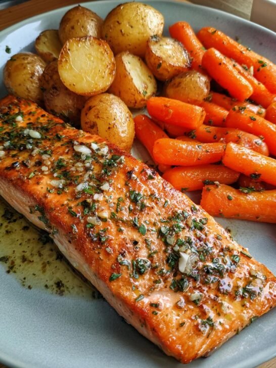 Garlic Butter Salmon with Roasted Potatoes and Glazed Carrots