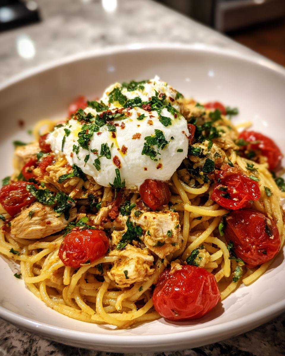 Lemon Garlic Chicken Spaghetti with Burrata and Roasted Tomatoes - detail 1