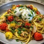 Lemon Garlic Chicken Spaghetti with Burrata and Roasted Tomatoes