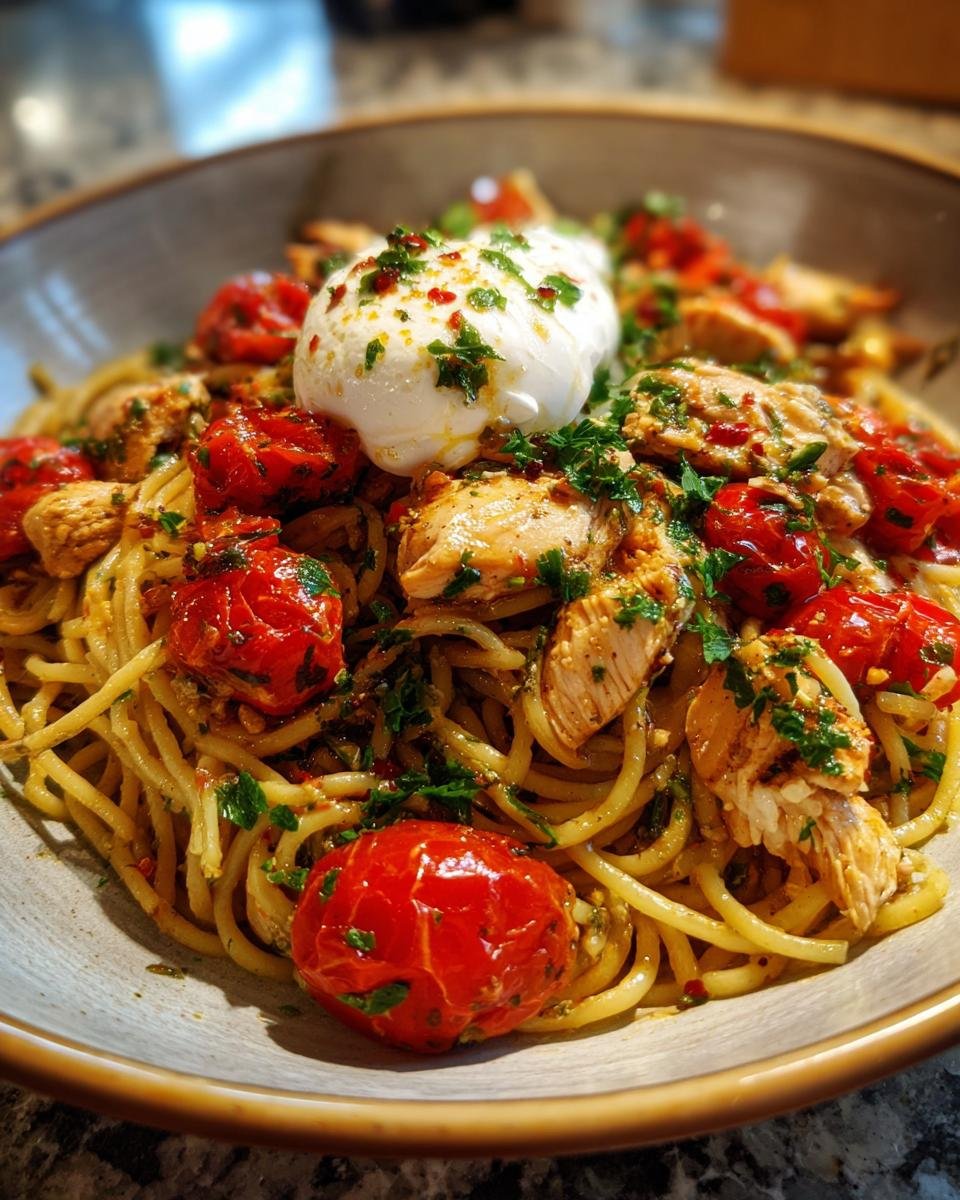 Lemon Garlic Chicken Spaghetti with Burrata and Roasted Tomatoes - detail 2