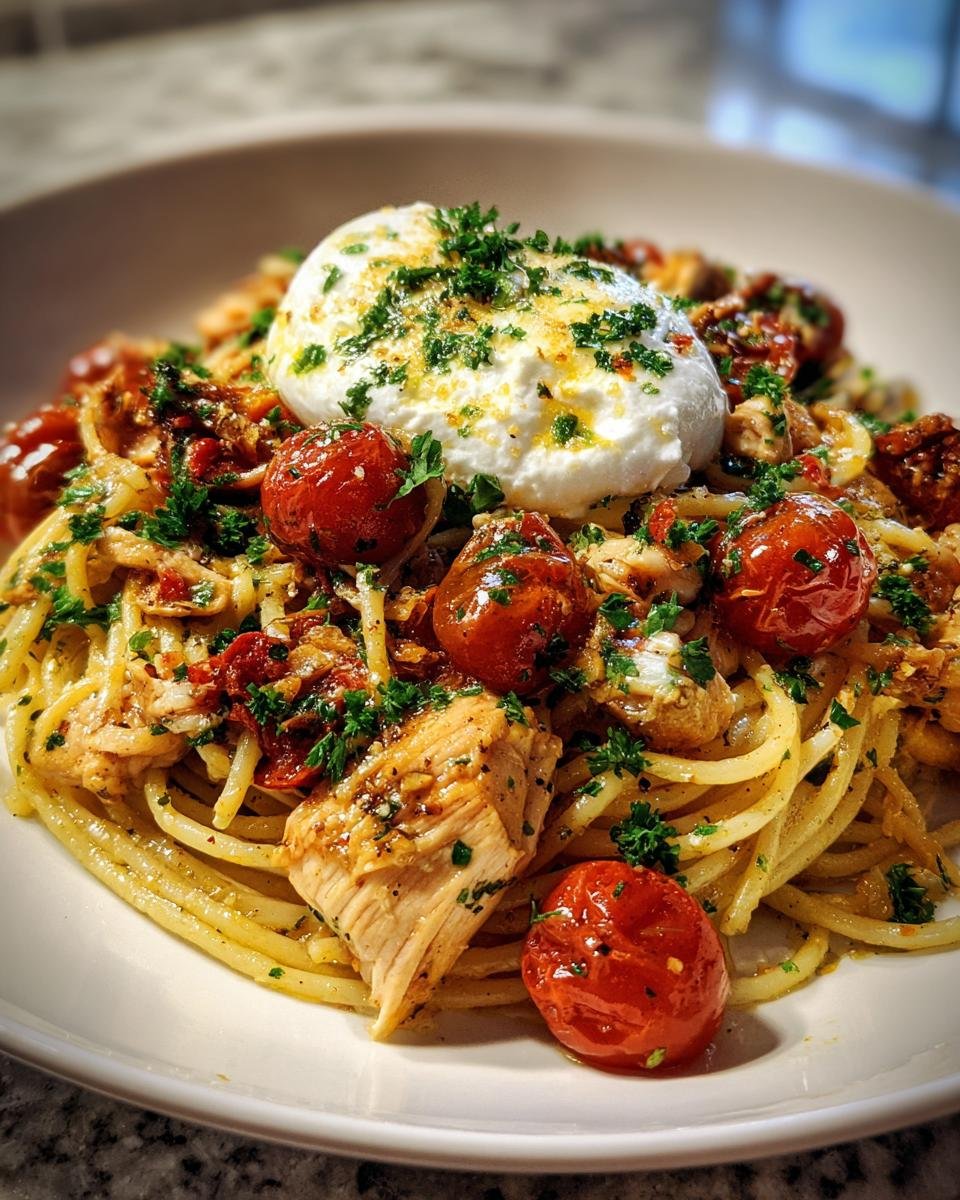 Lemon Garlic Chicken Spaghetti with Burrata and Roasted Tomatoes - detail 3