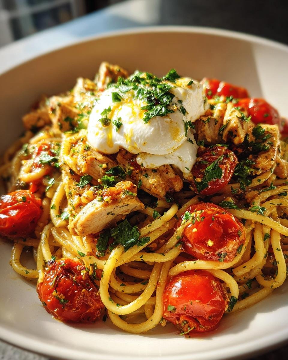 Lemon Garlic Chicken Spaghetti with Burrata and Roasted Tomatoes - detail 4