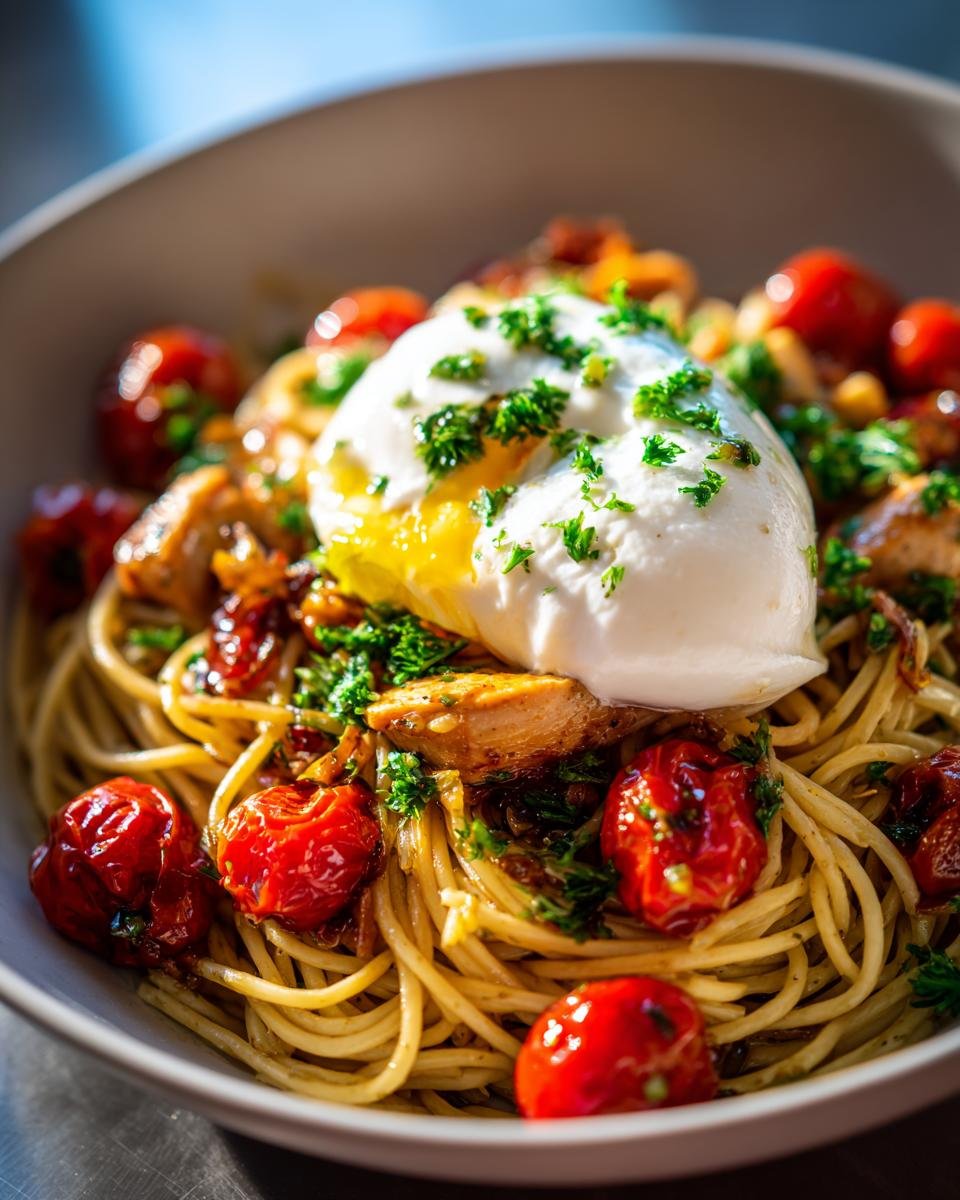 Lemon Garlic Chicken Spaghetti with Burrata and Roasted Tomatoes - detail 5