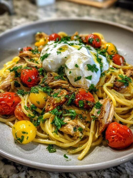 Lemon Garlic Chicken Spaghetti with Burrata and Roasted Tomatoes