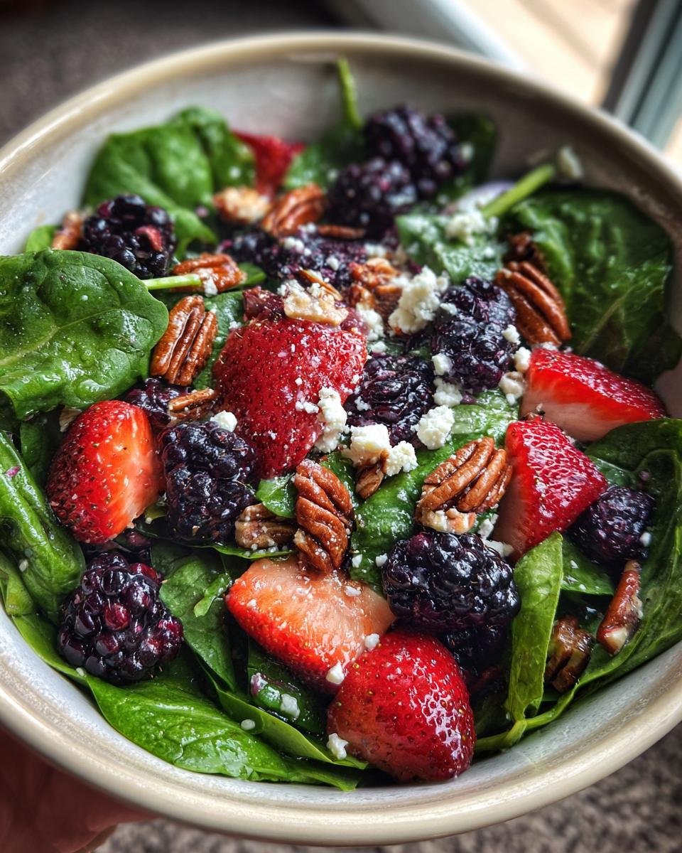 Strawberry Blackberry Spinach Salad with Pecans and Feta - detail 2