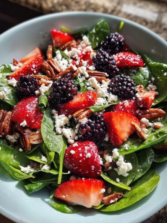 Strawberry Blackberry Spinach Salad with Pecans and Feta