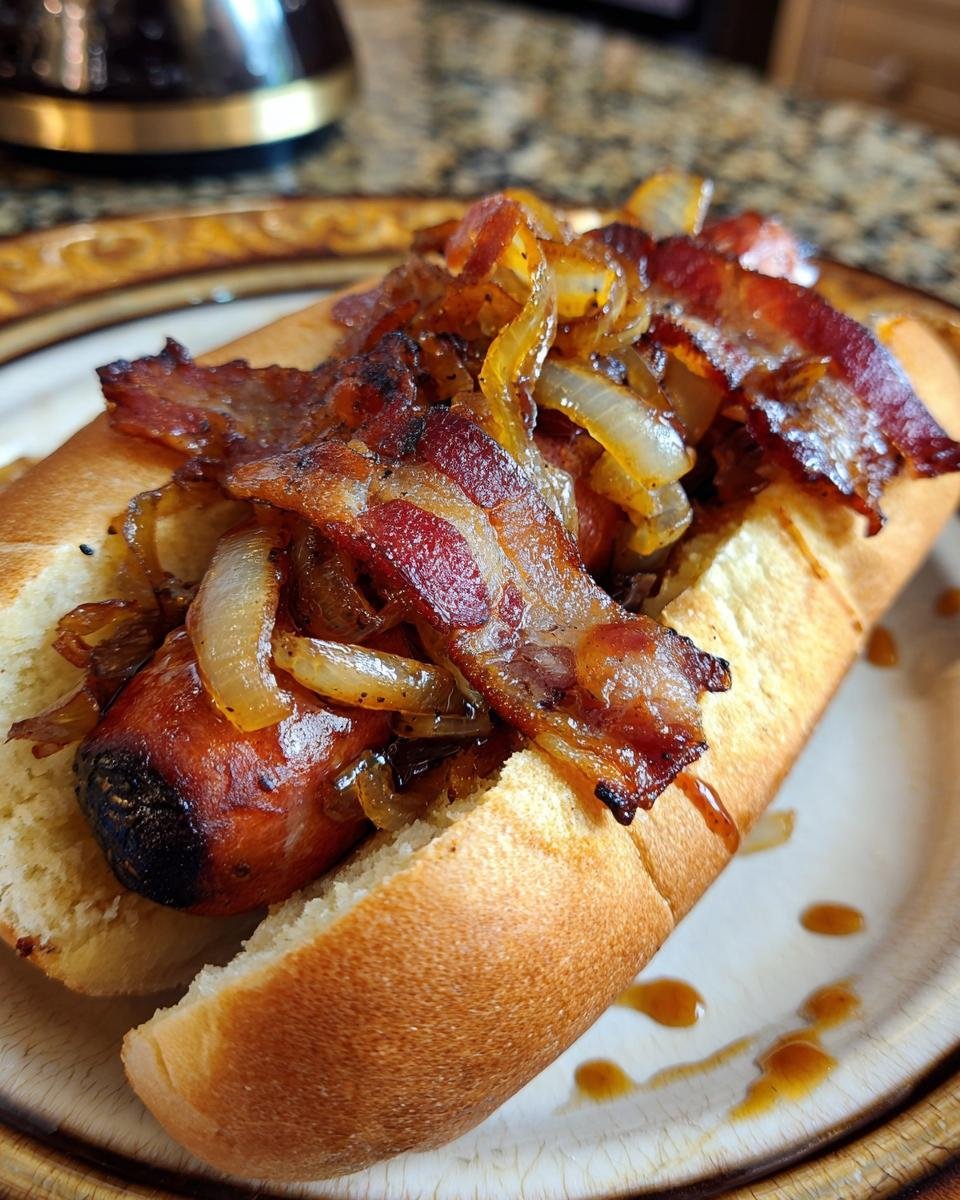 Winter BBQ Bacon-Wrapped Hot Dogs with Bourbon Onions - detail 2