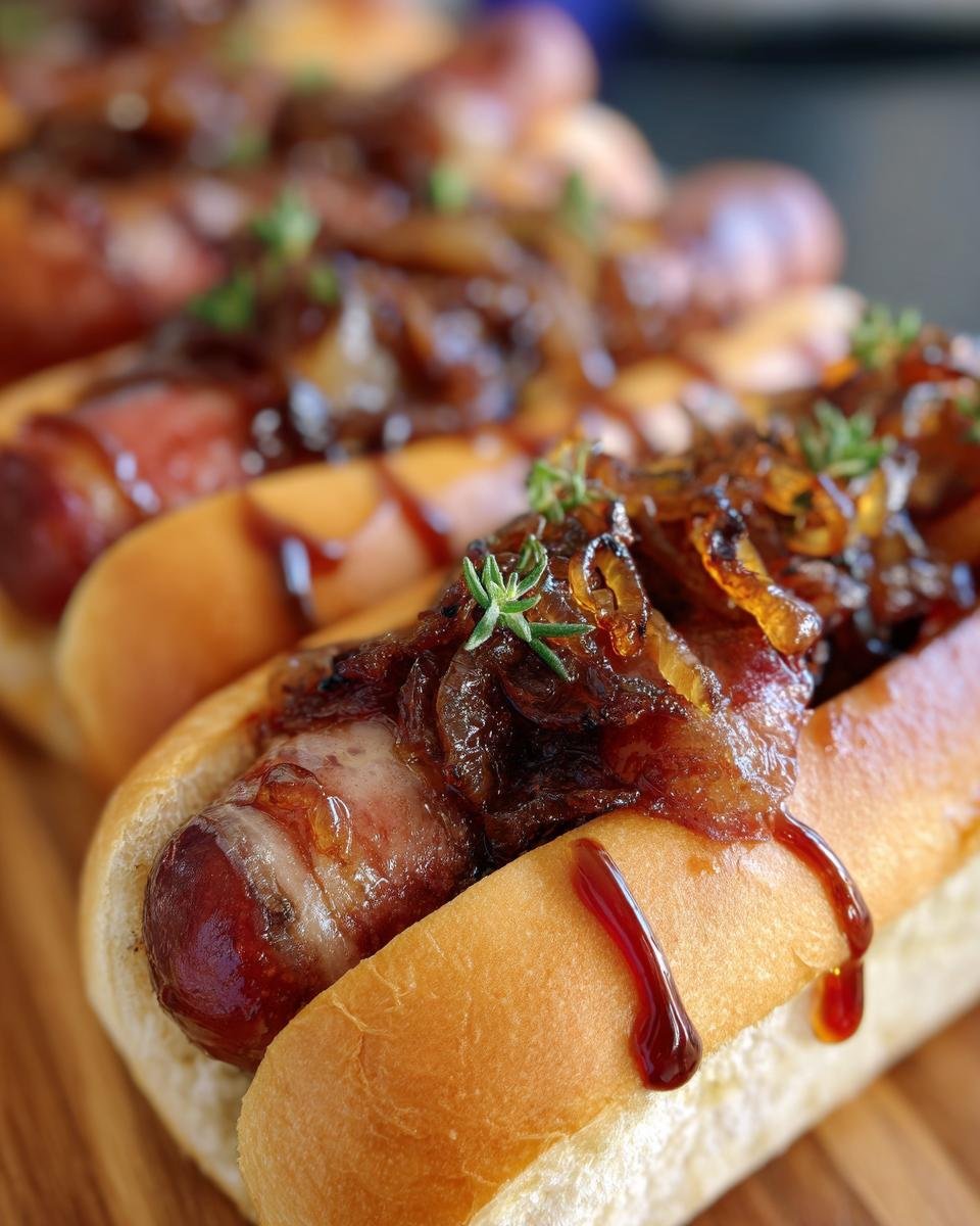 Winter BBQ Bacon-Wrapped Hot Dogs with Bourbon Onions - detail 3
