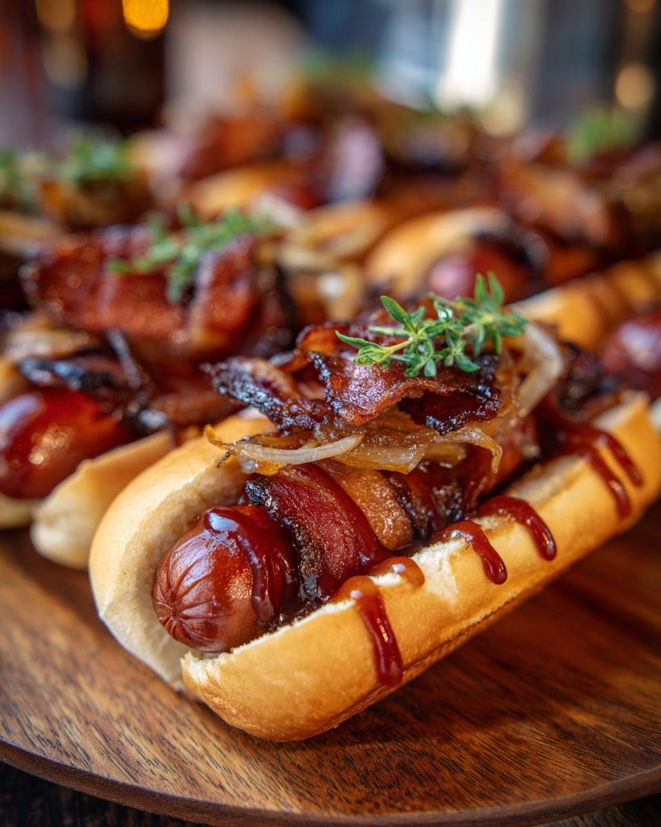 Winter BBQ Bacon-Wrapped Hot Dogs with Bourbon Onions - detail 4