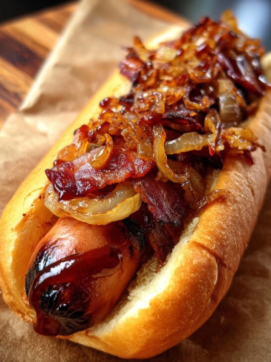 Winter BBQ Bacon-Wrapped Hot Dogs with Bourbon Onions