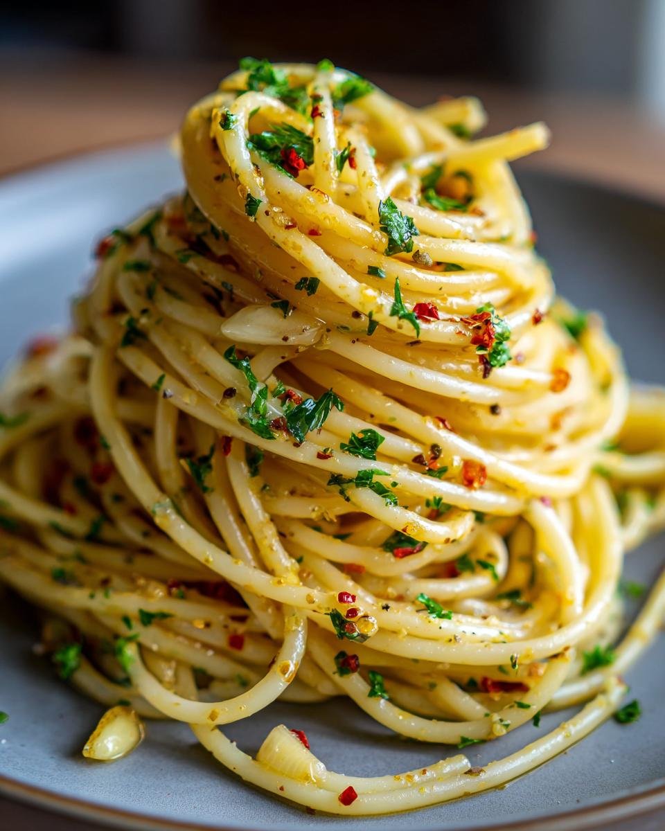Close-up of a mound of spaghetti with garlic, chili flakes, and parsley, showcasing one of the best pasta recipes.