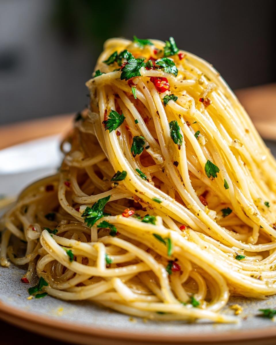 Close-up of a plate of spaghetti Aglio e Olio, a simple pasta dish with garlic, chili flakes, and parsley.