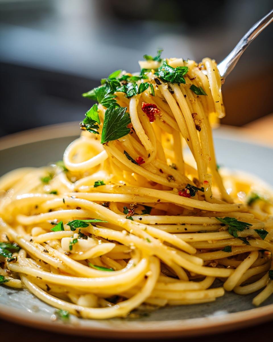 Close-up of spaghetti Aglio e Olio pasta with garlic, chili flakes, and parsley, twirled on a fork.
