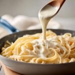 A wooden spoon pouring creamy alfredo sauce recipe over a pile of fettuccine pasta in a pan.
