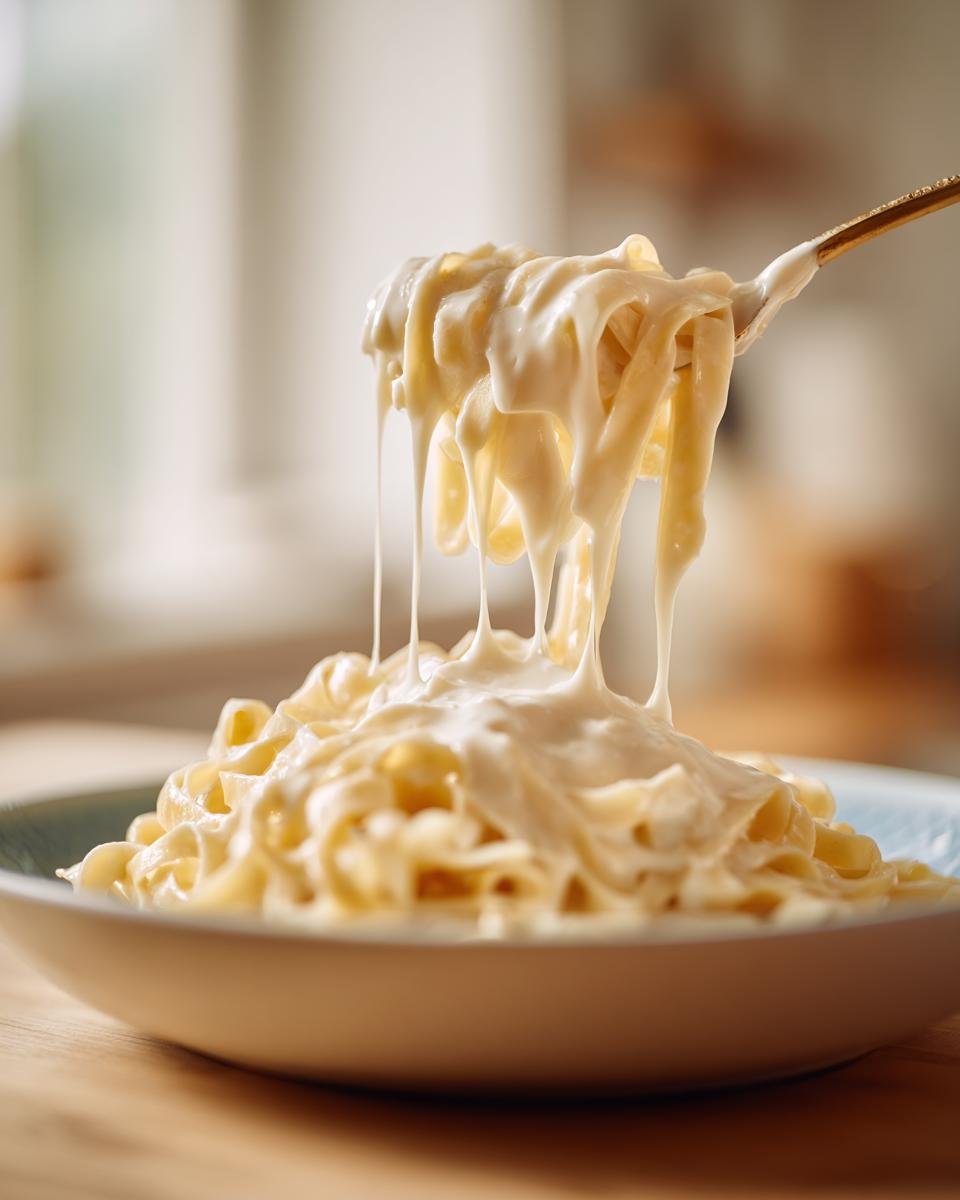 Close-up of fettuccine pasta being lifted with a fork, coated in a rich and creamy alfredo sauce recipe.