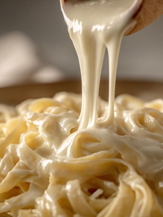 Close-up of a wooden spoon pouring rich, creamy alfredo sauce recipe over fettuccine pasta.