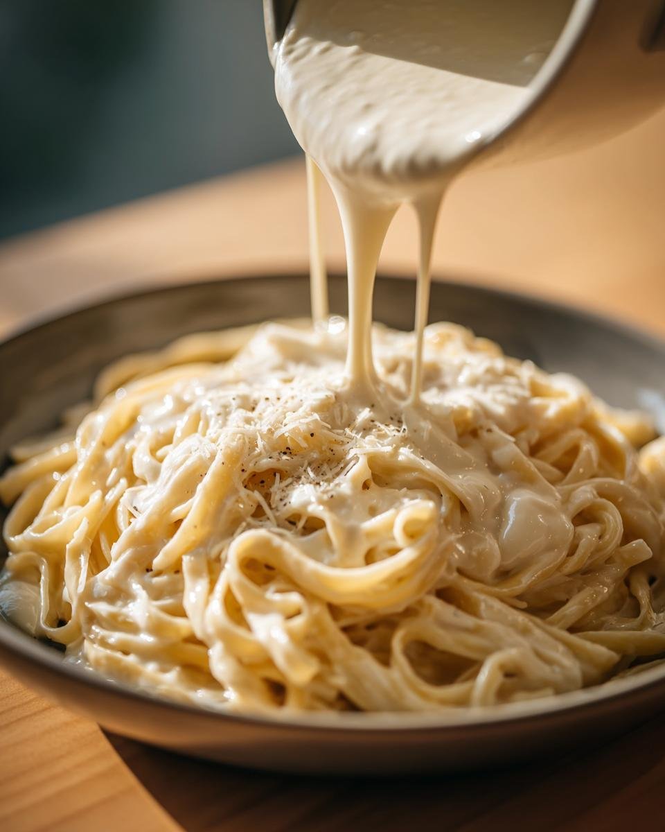 Close-up of a creamy alfredo sauce recipe being poured over fettuccine pasta, topped with grated Parmesan cheese.