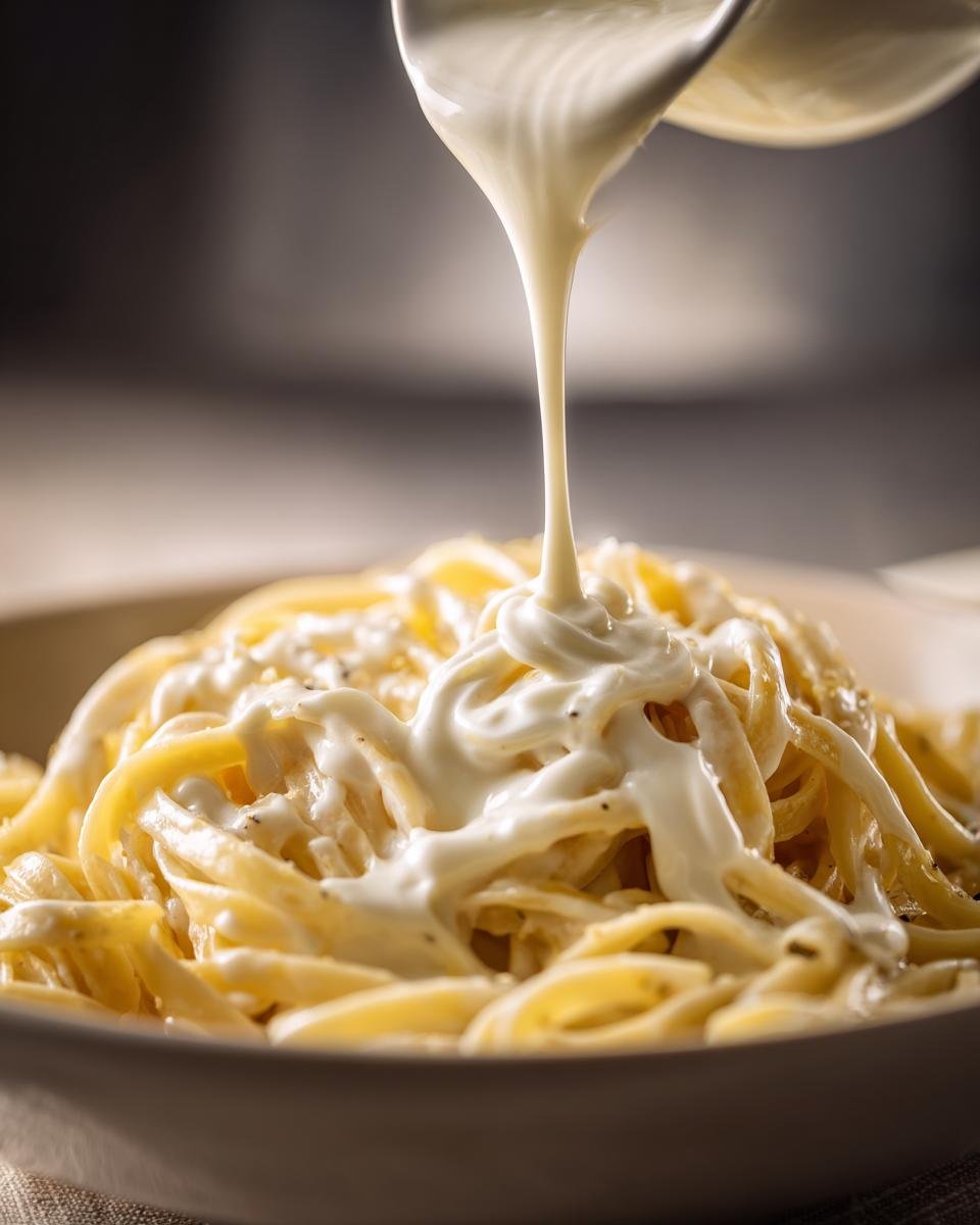 Close-up of a rich, creamy Alfredo sauce being poured over a bowl of fettuccine pasta.