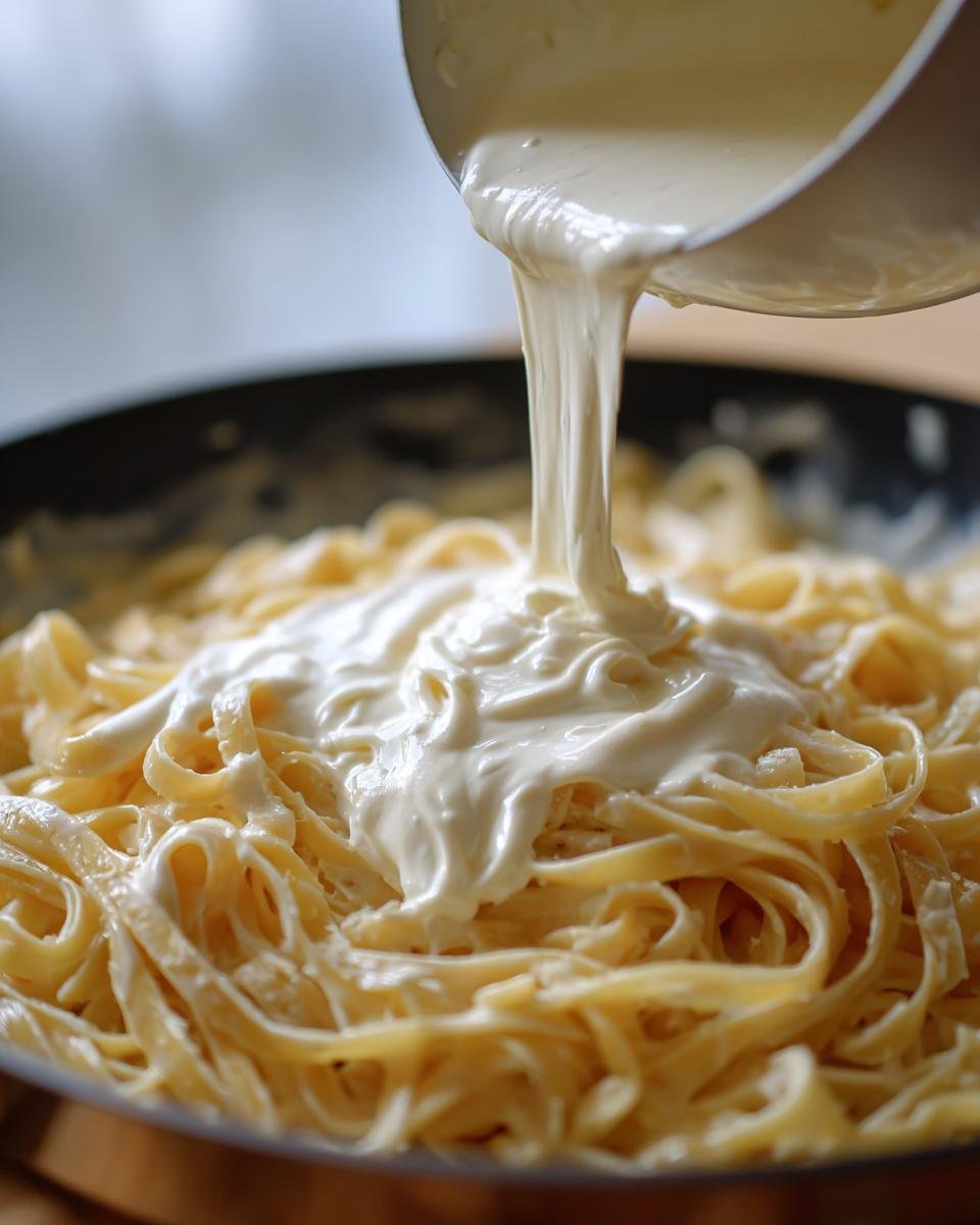 Close-up of a rich alfredo sauce recipe being poured over fettuccine pasta in a pan.