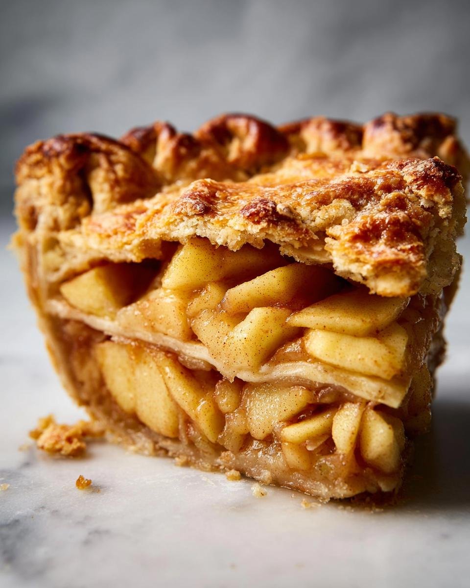 Close-up of a thick slice of apple pie, showcasing layers of tender apples and flaky crust.