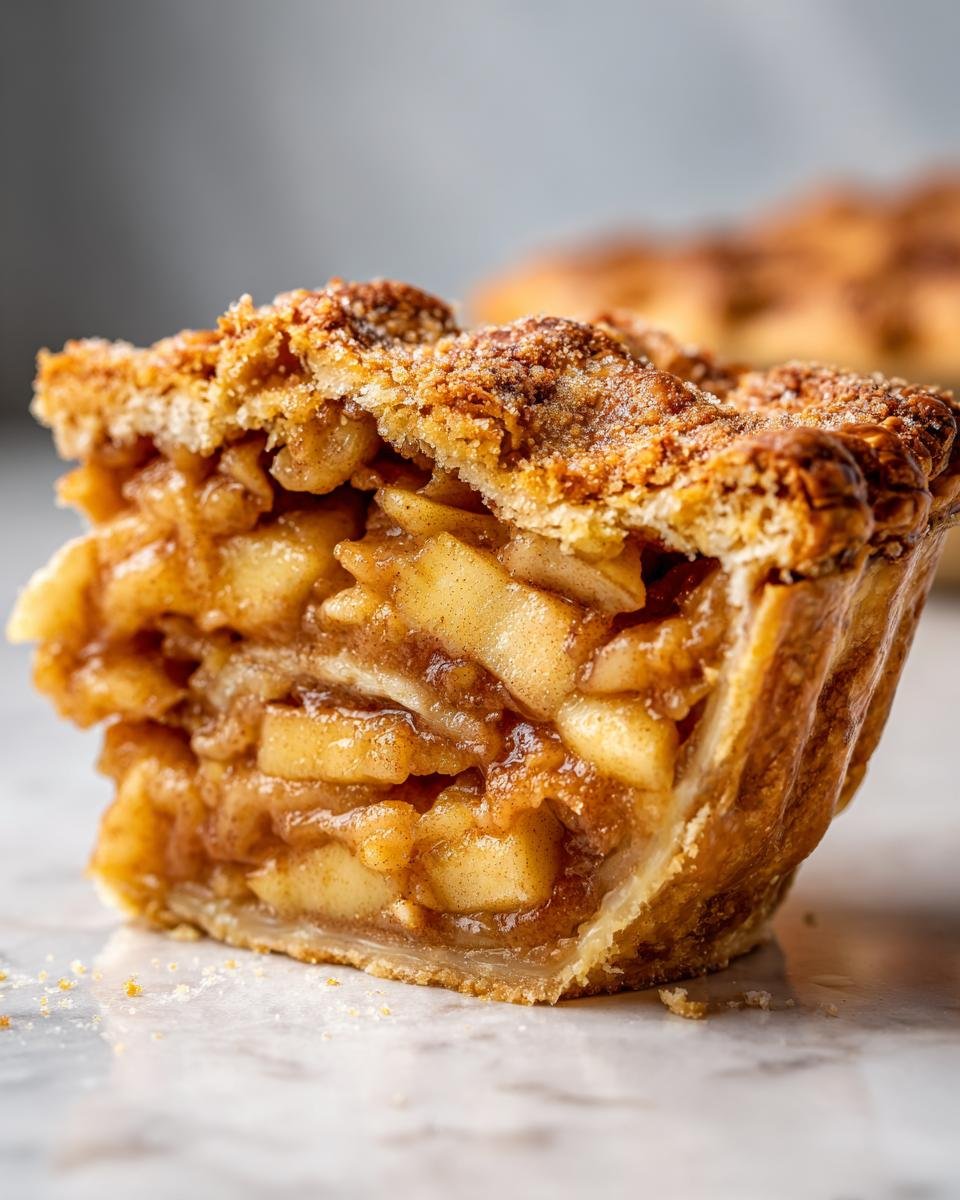 Close-up of a perfect slice of amazing apple pie recipe, showing flaky crust and tender apple filling.