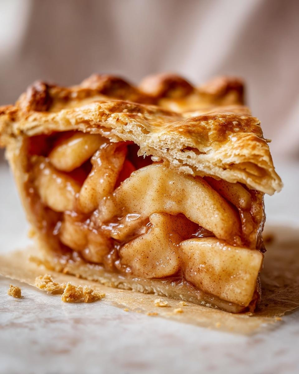 Close-up of a perfect slice of amazing apple pie recipe, showing flaky crust and cinnamon-spiced apple filling.