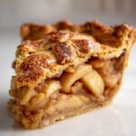 A close-up, mouth-watering slice of homemade apple pie with a lattice crust.