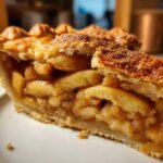 A close-up of a perfect slice of apple pie recipe, showcasing flaky crust and tender apple filling.