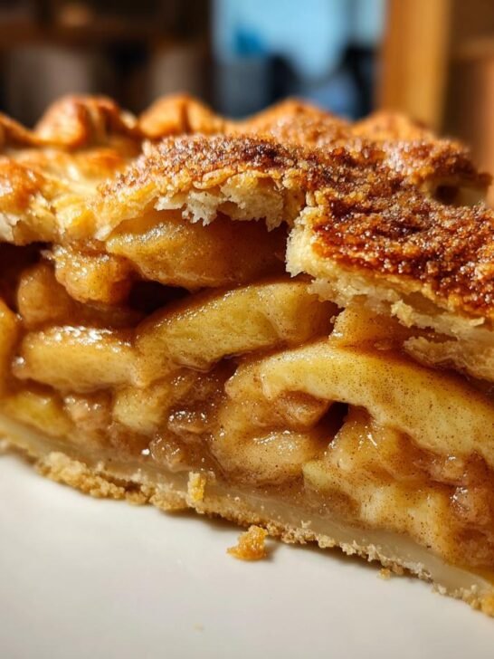 A close-up of a perfect slice of apple pie recipe, showcasing flaky crust and tender apple filling.