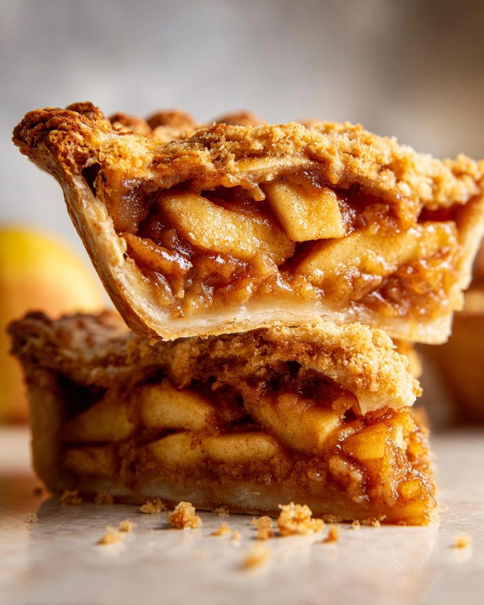 Close-up of two stacked slices of a delicious apple pie recipe, showing flaky crust and cinnamon-spiced apple filling.