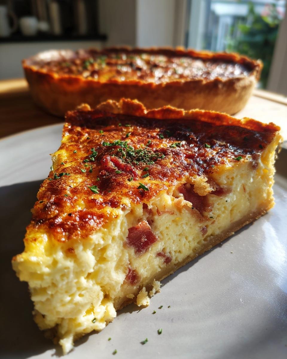 Close-up of a slice of homemade bacon quiche, showing a flaky crust and creamy egg filling with visible bacon pieces.