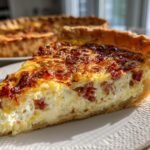A close-up of a slice of bacon quiche on a plate, showcasing the creamy filling and crispy bacon.