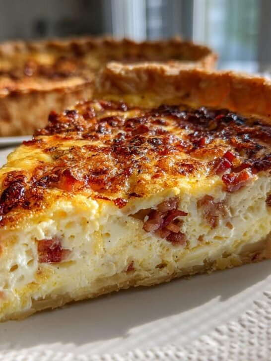 A close-up of a slice of bacon quiche on a plate, showcasing the creamy filling and crispy bacon.